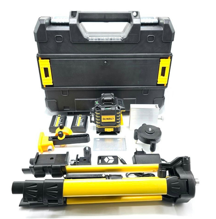 تراز لیزری 16 خط سه بعدی نور سبز دیوالت DEWALT مدل 16line-360 محافظ لنز فلزی مارک برجسته دیوالت دو باطری همراه با سه پایه کیف قابل حمل با کیفیت بالاتر نسب به تراز های دیگر چهار خط نور سبز همراه با ریموت کنترل